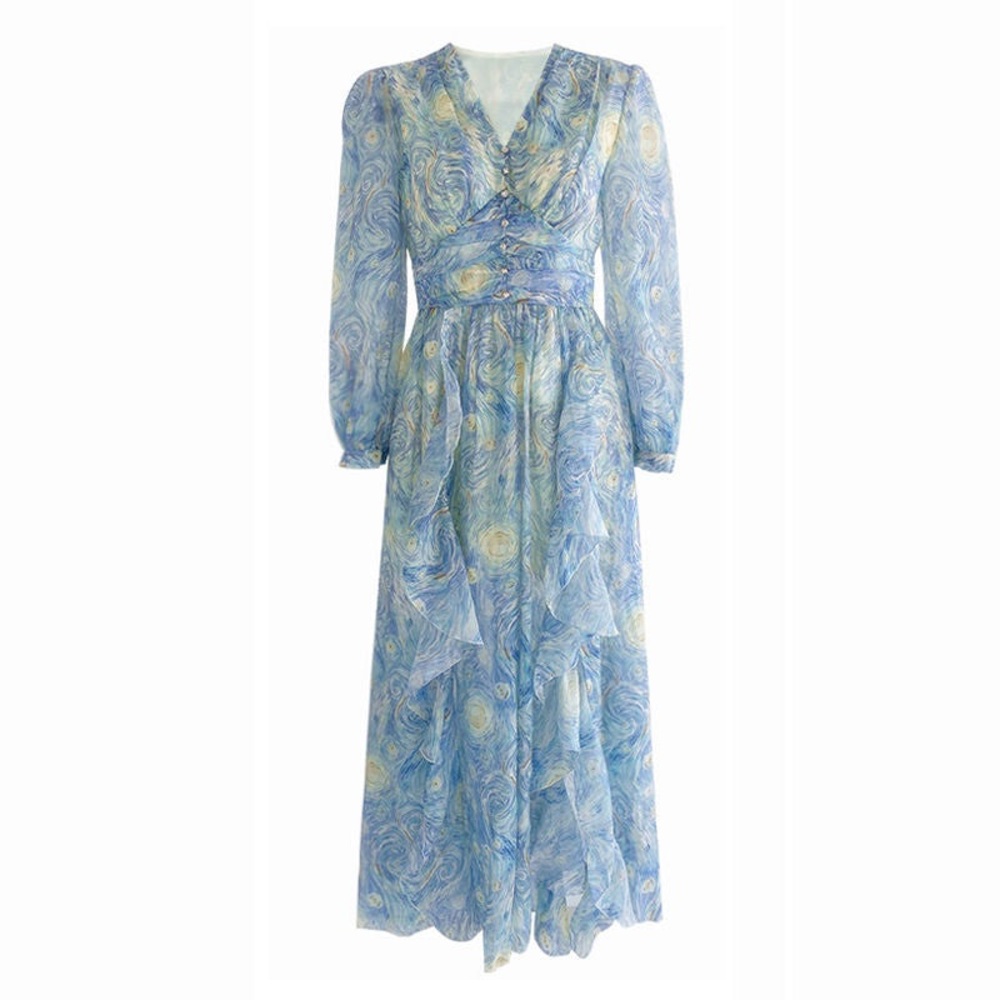 Elegant Blue Swirl Maxi Dress